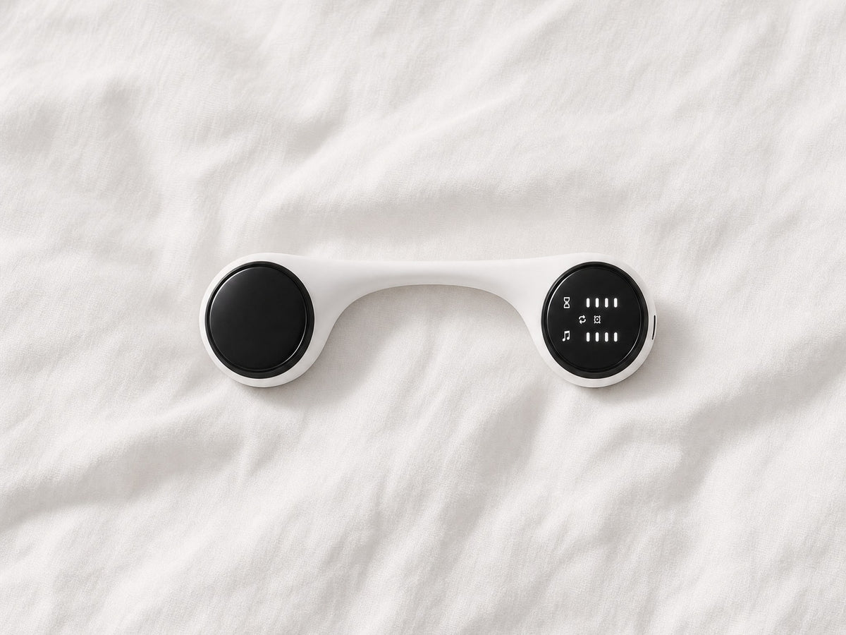 Under-pillow sleep speaker lying on a white pillowcase, seen from above