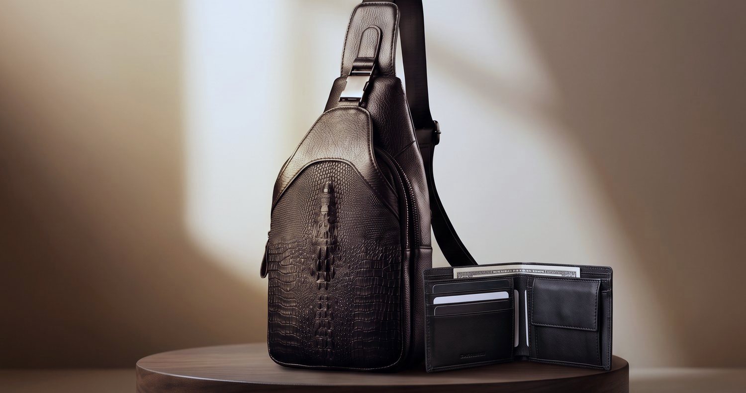 The sling and the matching open leather wallet