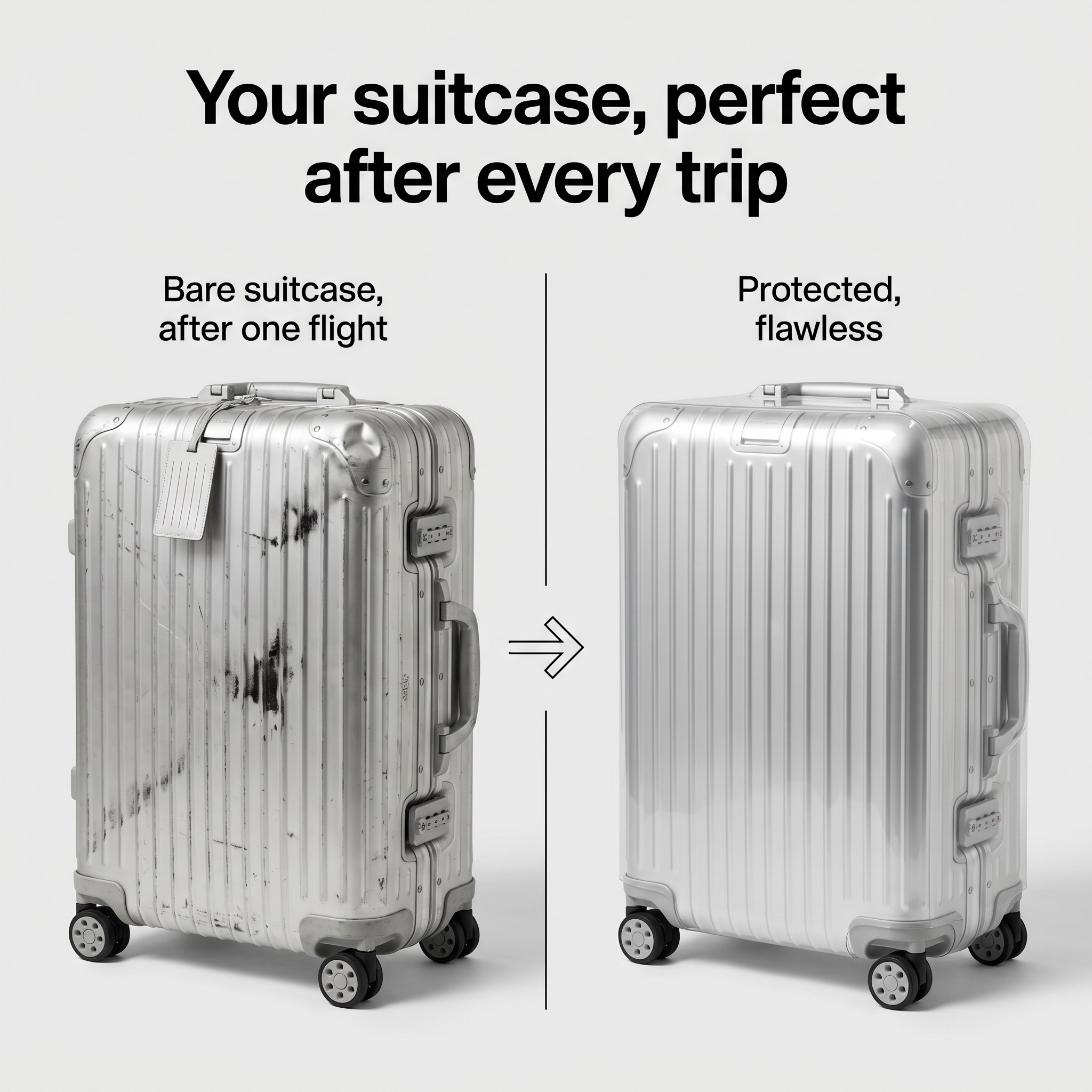 Bare suitcase scratched after one flight next to a protected one that stayed flawless