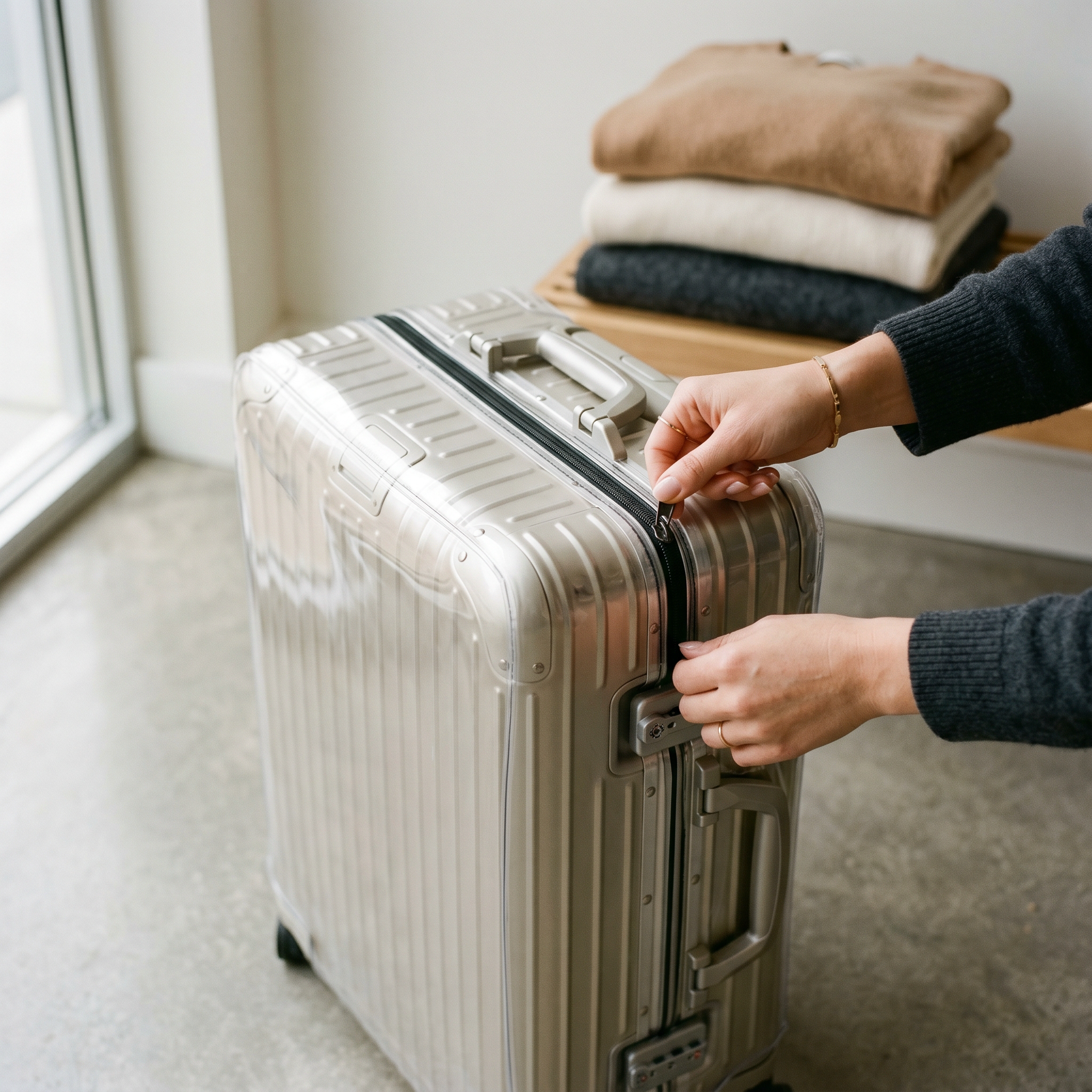 Hands zipping the clear cover onto a suitcase