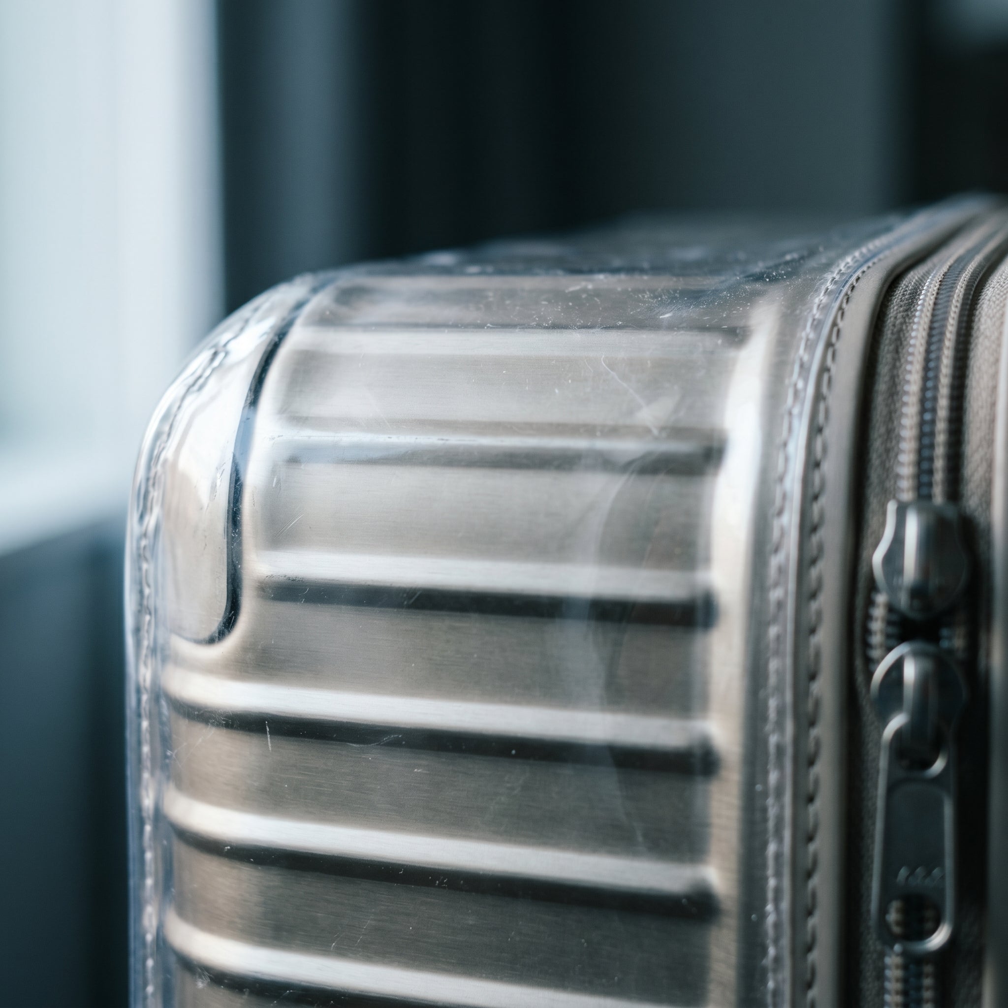 Close up of the clear cover taking scuffs while the suitcase stays clean